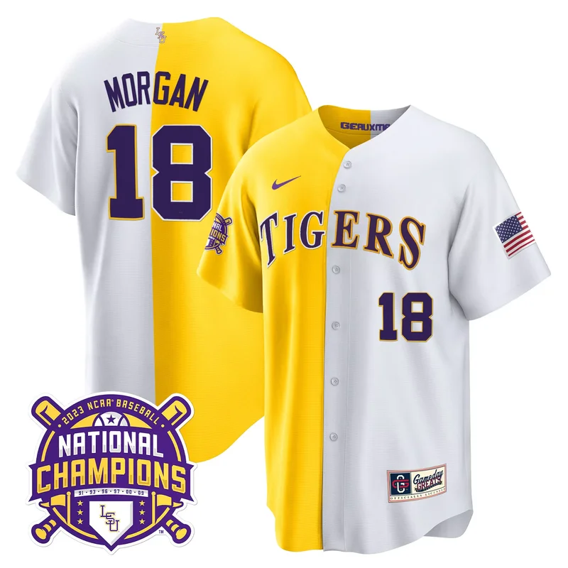 Gold White Tre Morgan lsu tigers 2023 national champions split jersey all stitched