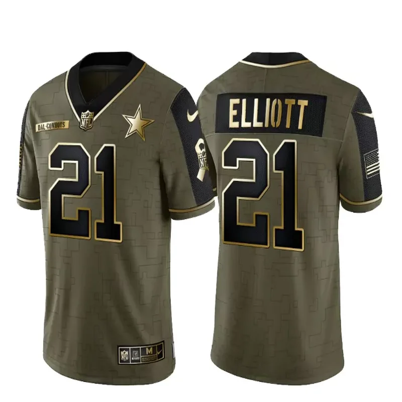 Dallas cowboys #21 Ezekiel Elliott NFL Millitary Green Gold Jersey