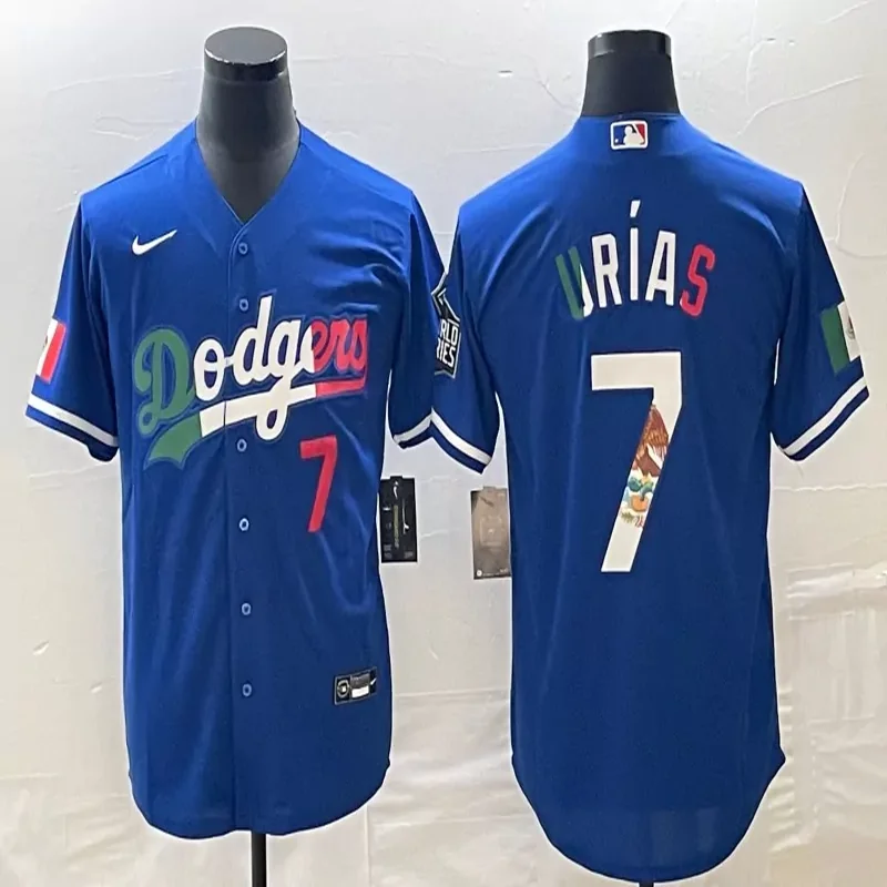 Los Angeles Dodgers #7 Urias MLB Navy Blue Mexico Flag Jersey