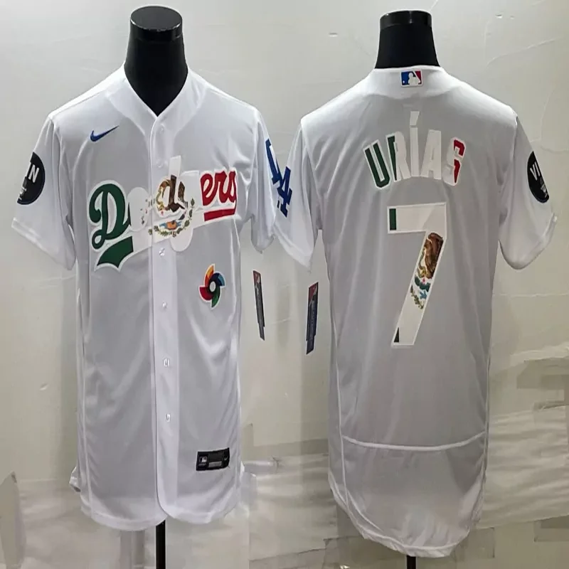 Los Angeles Dodgers #7 Urias MLB Navy Blue Mexico Flag Jersey - Image 3