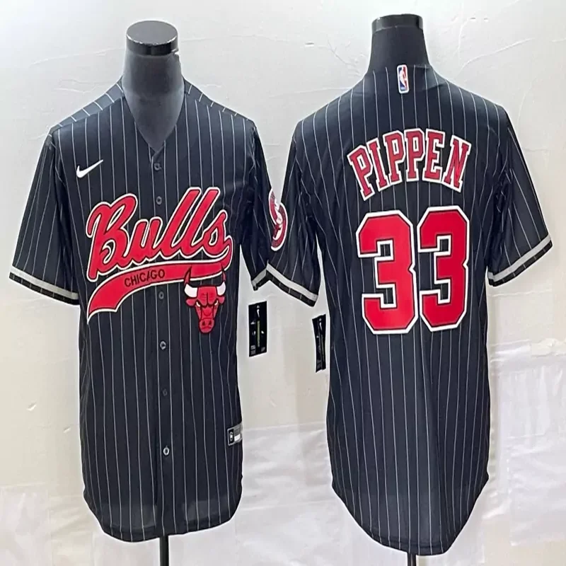 Chicago Bulls #33 Pippen NBA Blue Navy Baseball Jersey - Image 2