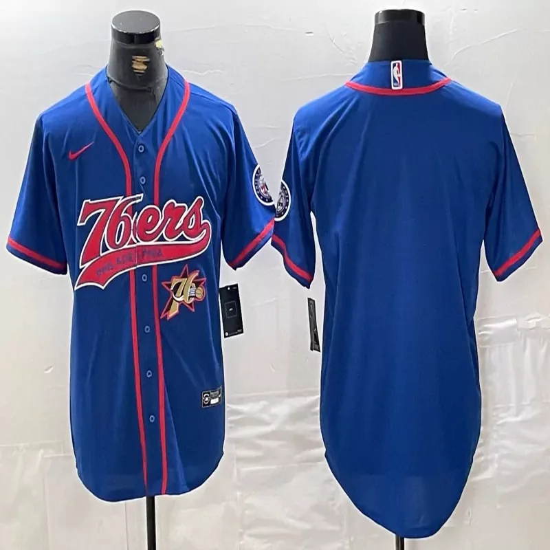 Philadelphia 76ers #3 Iverson NBA Blue Navy Baseball Jersey - Image 4