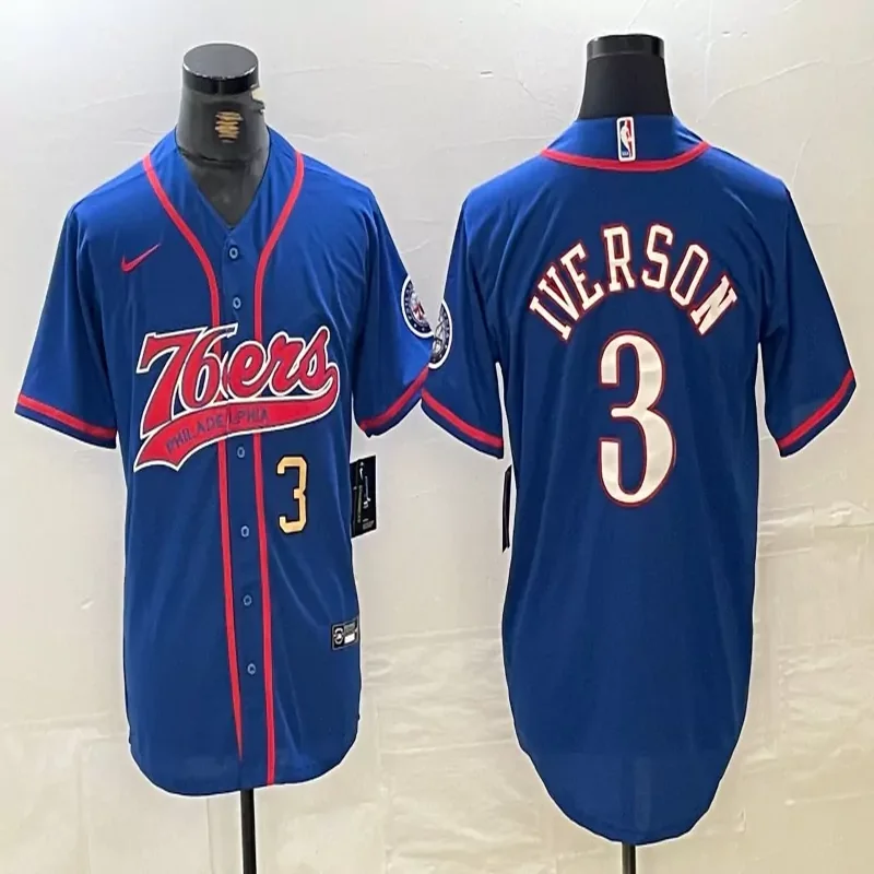 Philadelphia 76ers #3 Iverson NBA Blue Navy Baseball Jersey