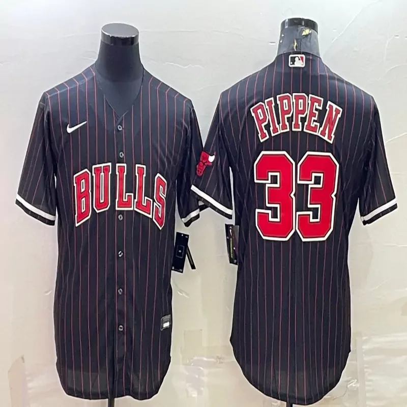 Chicago Bulls #33 Pippen NBA Blue Navy Baseball Jersey - Image 3
