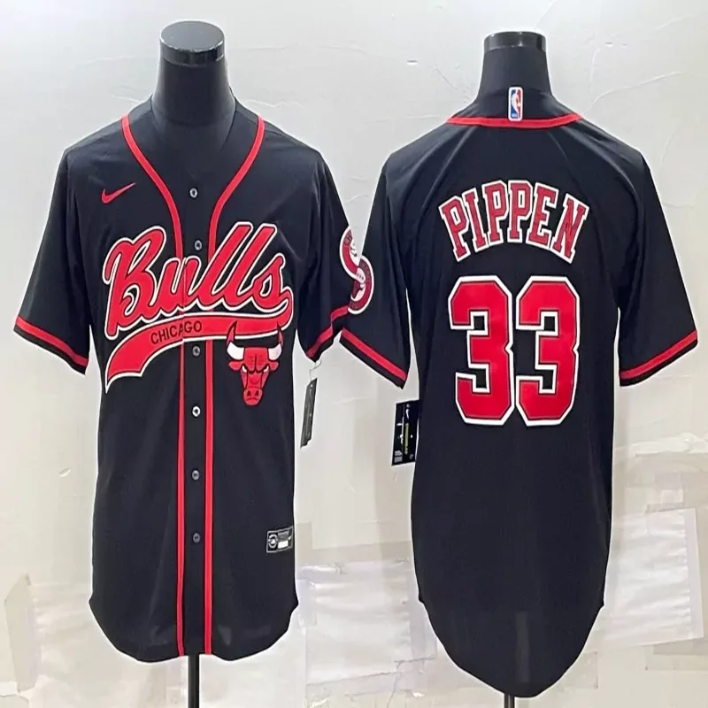 Chicago Bulls #33 Pippen NBA Blue Navy Baseball Jersey - Image 4