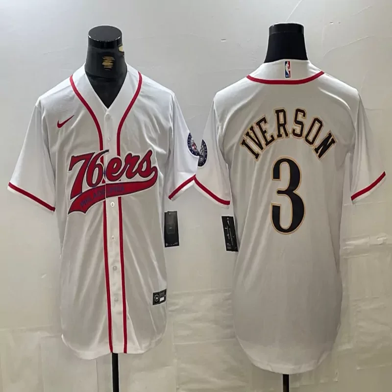 Philadelphia 76ers #3 Iverson NBA Blue Navy Baseball Jersey - Image 2