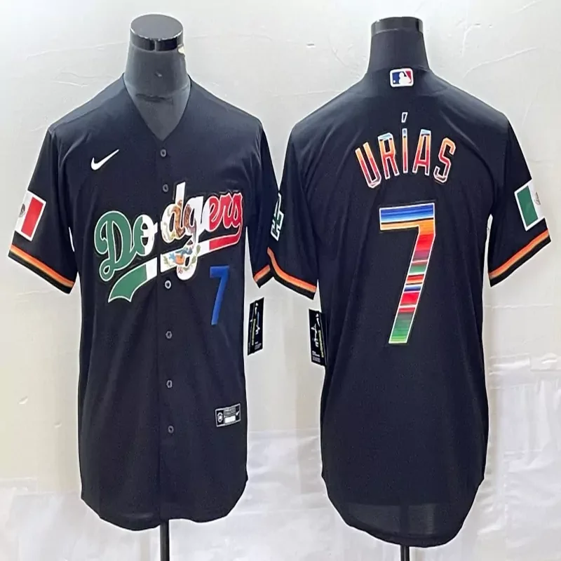 Los Angeles Dodgers #7 Urias MLB Navy Blue Mexico Flag Jersey - Image 4