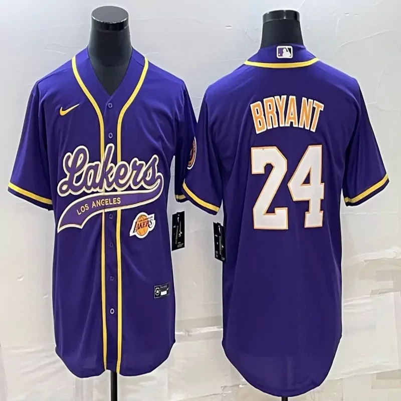 Los Angeles Lakers #24 Bryant NBA Sport Grey Baseball Jersey - Image 4