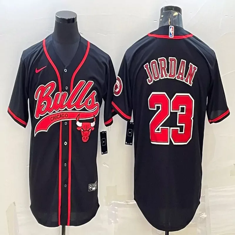 Chicago Bulls #23 Jordan NBA Black Red Baseball Jersey
