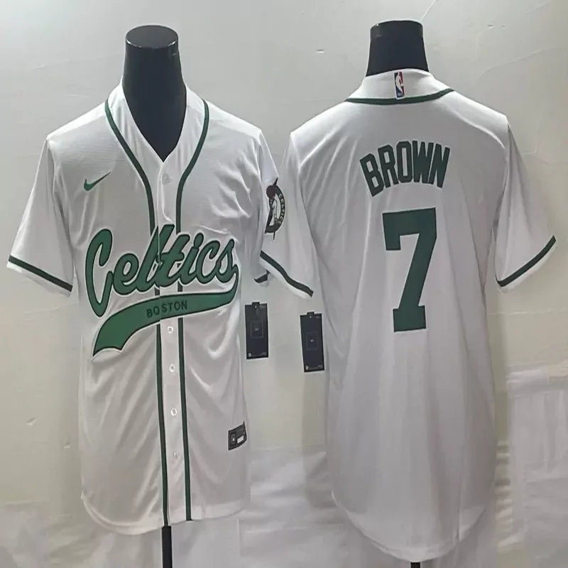 Boston Celtics #7 Brown NBA Celtics Green Baseball Baseball Jersey - Image 3
