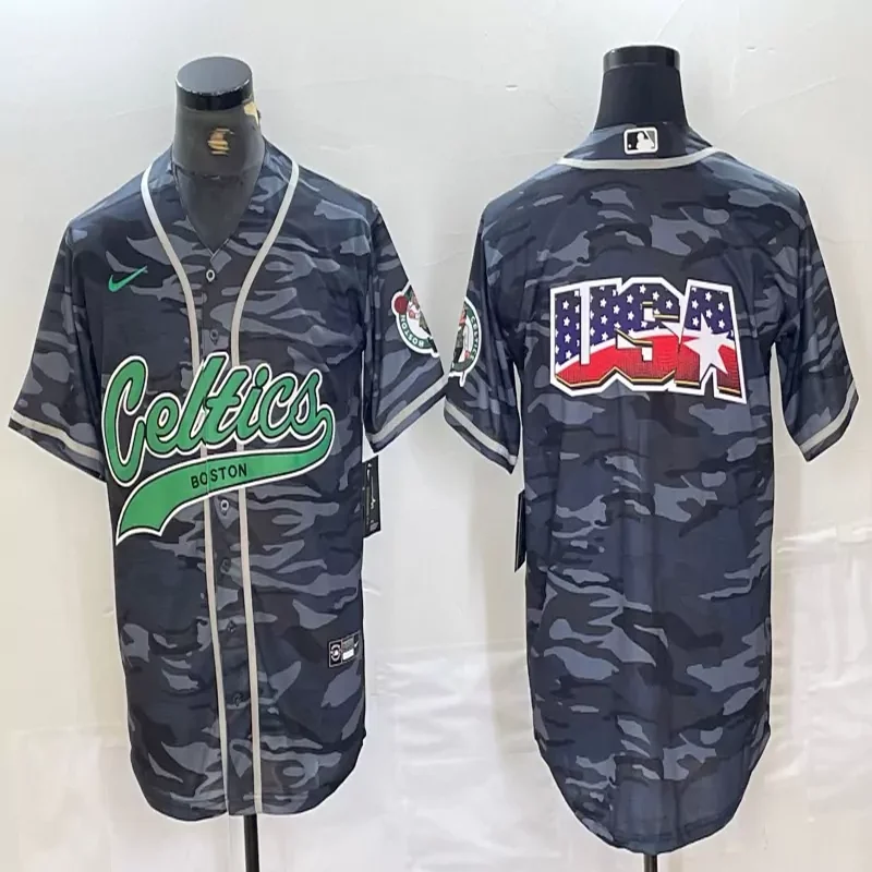 Boston Celtics #Custom Name & Number NBA Dark Navy Camouflage Baseball Jersey - Image 2