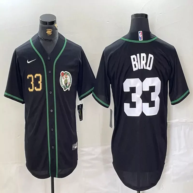 Boston Celtics #33 Bird NBA Black Green Camouflage America Flag Baseball Jersey - Image 2
