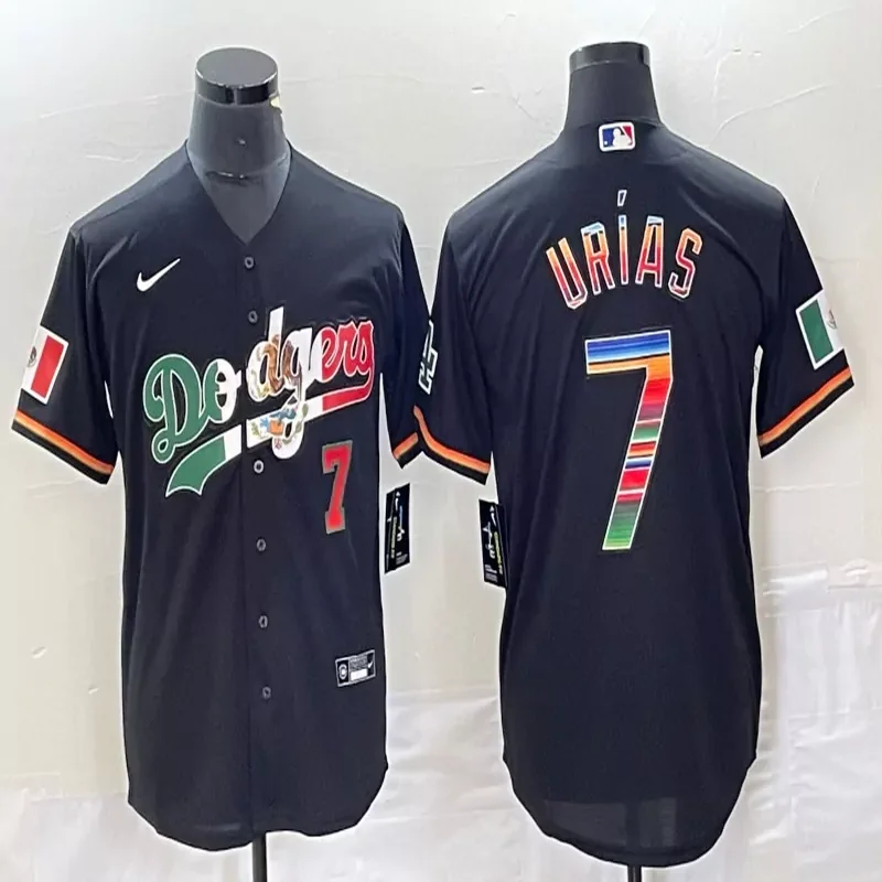 Los Angeles Dodgers #7 Urias MLB Navy Blue Mexico Flag Jersey - Image 5