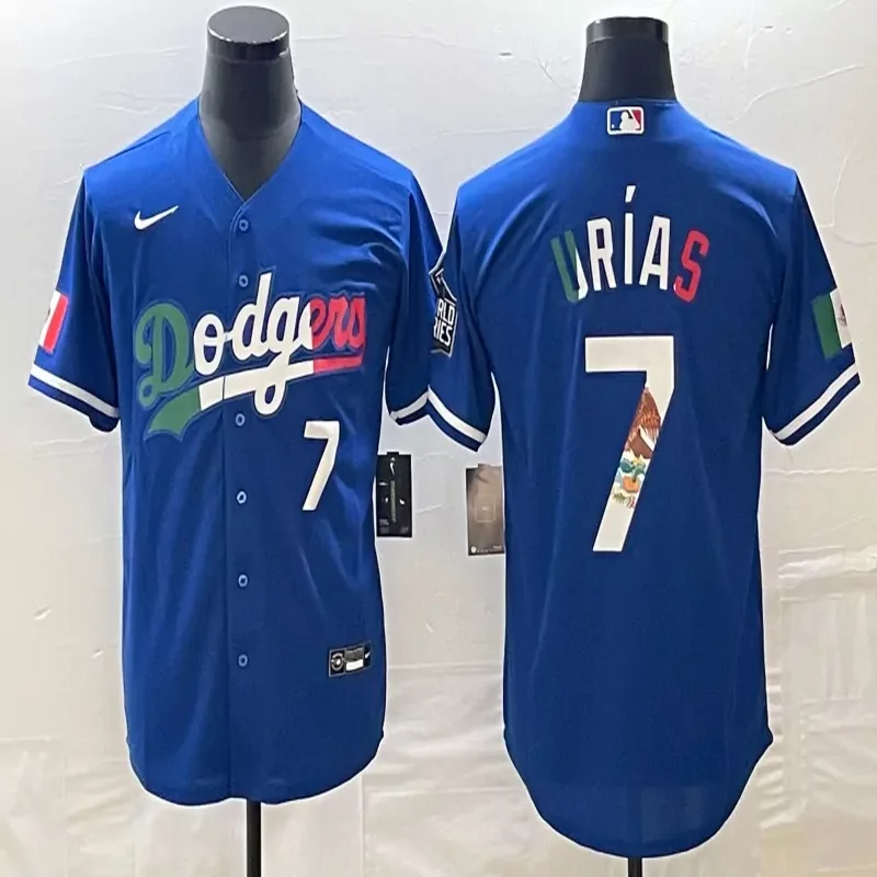 Los Angeles Dodgers #7 Urias MLB Blue Navy Mexico Flag Baseball Jersey
