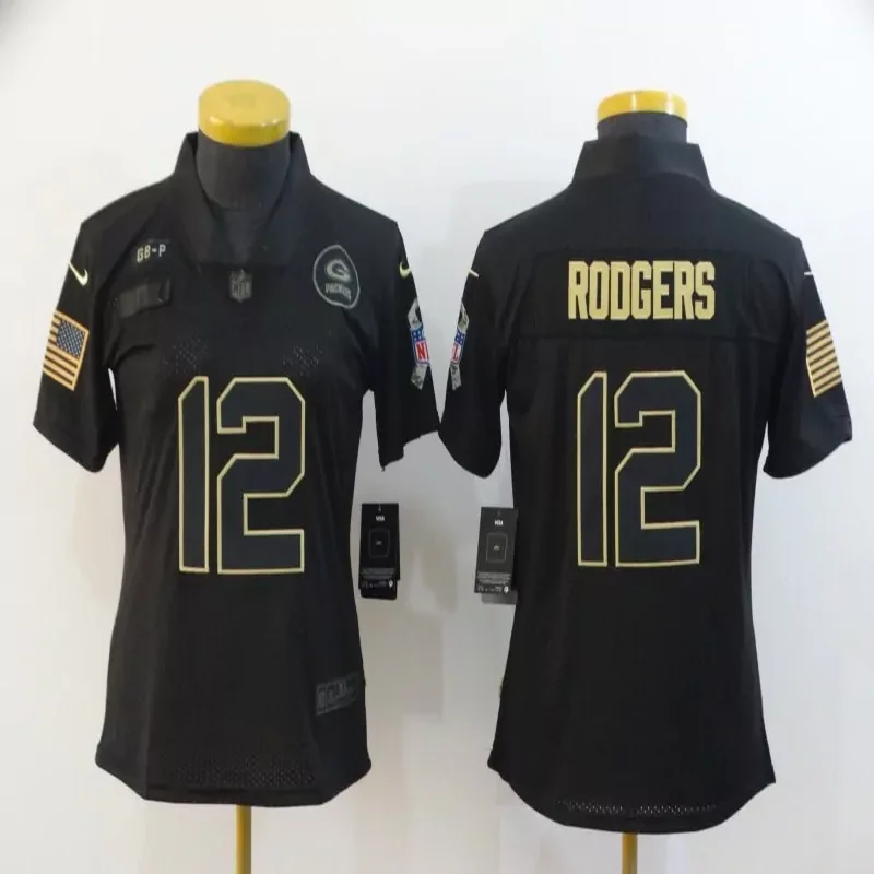 Green Bay Packers #12 Rodgers NFL Black American Flag Women Jersey
