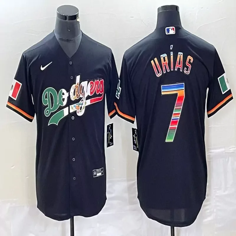 Los Angeles Dodgers #7 Urias MLB Blue Navy Mexico Flag Baseball Jersey - Image 2