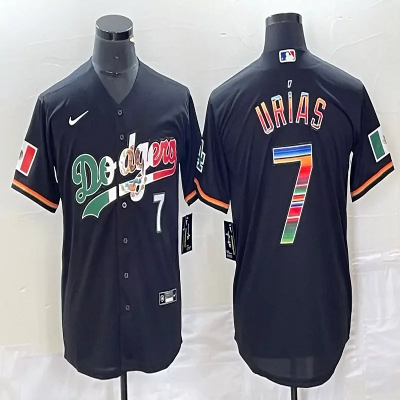 Los Angeles Dodgers #7 Urias MLB Blue Navy Mexico Flag Baseball Jersey - Image 3