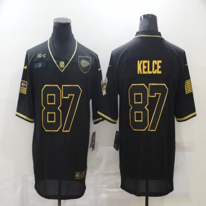 Kansas City Chiefs #87 Kelce NFL Black Gold American Flag Jersey