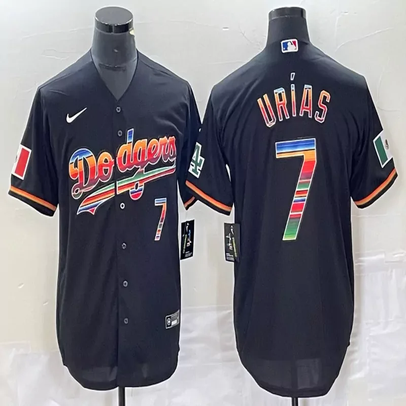 Los Angeles Dodgers #7 Urias MLB Blue Navy Mexico Flag Baseball Jersey - Image 4