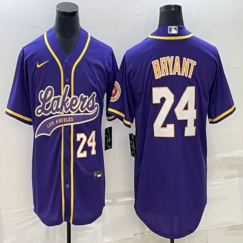 Los Angeles Lakers #8 Bryant NBA Purple Gold Baseball Jersey - Image 4