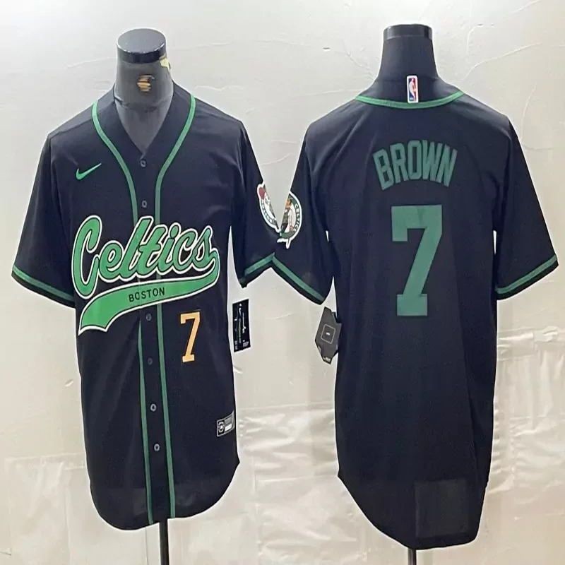 Boston Celtics #7 Brown NBA Black Baseball Jersey - Image 2