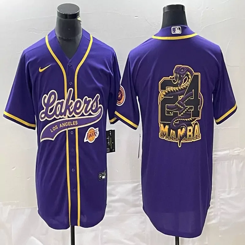 Los Angeles Lakers #24 Bryant NBA Black Mamba Purple Baseball Baseball Jersey - Image 2