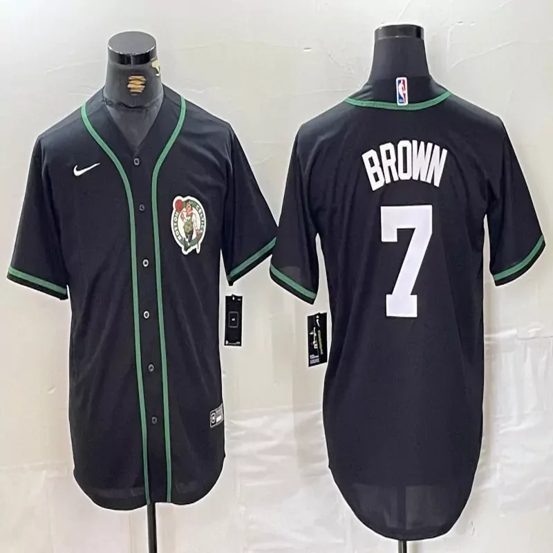 Boston Celtics #7 Brown NBA Black Baseball Jersey - Image 3