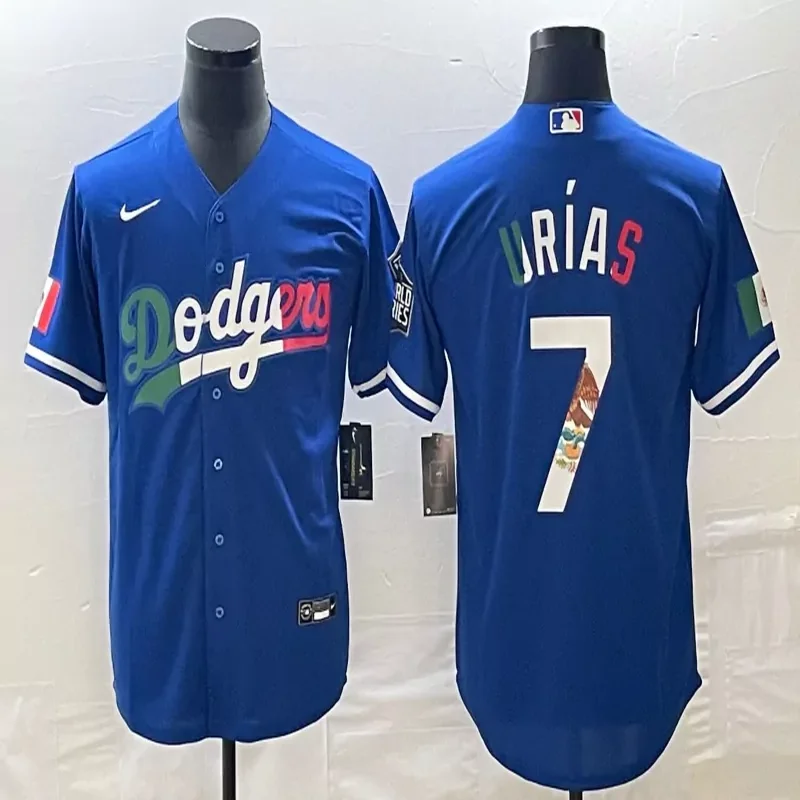 Los Angeles Dodgers #7 Urias MLB Blue Navy Mexico Flag Baseball Jersey - Image 5