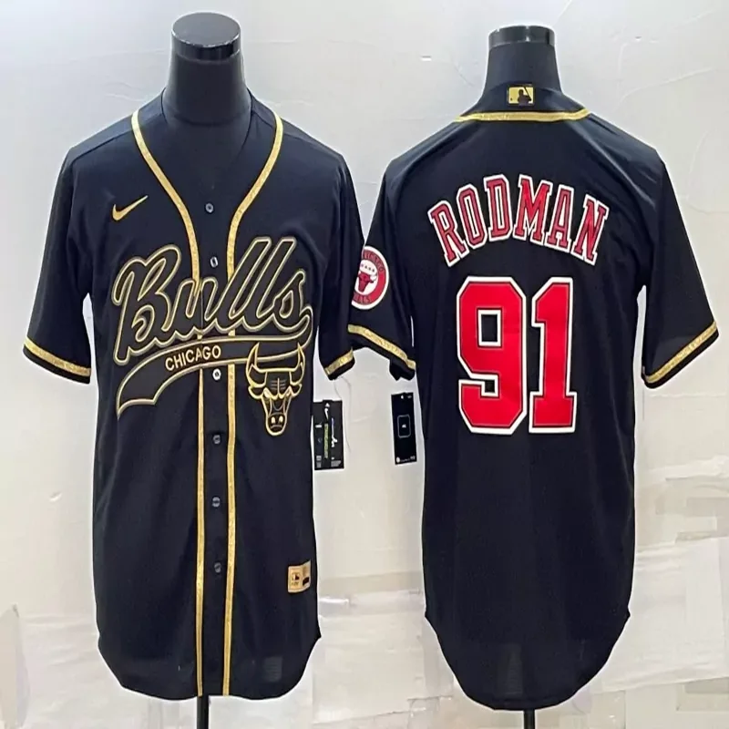 Chicago Bulls #91 Rodman NBA Black Gold Baseball Jersey