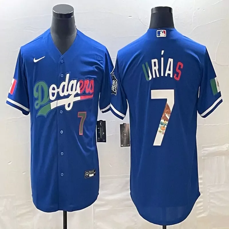 Los Angeles Dodgers #7 Urias MLB Blue Navy Mexico Flag Jersey