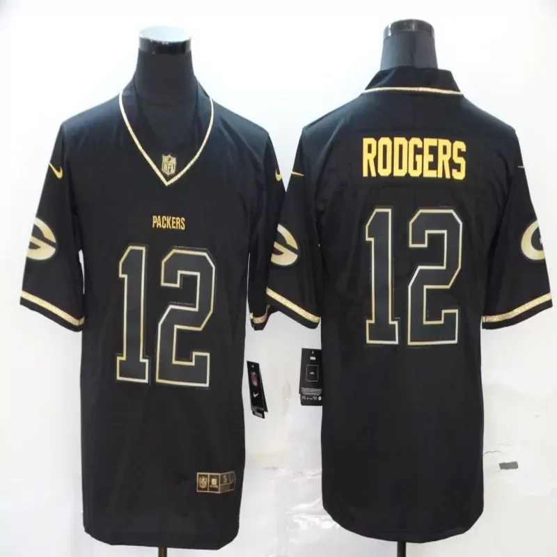 Green Bay Packers #12 Rodgers NFL Black Gold Jersey