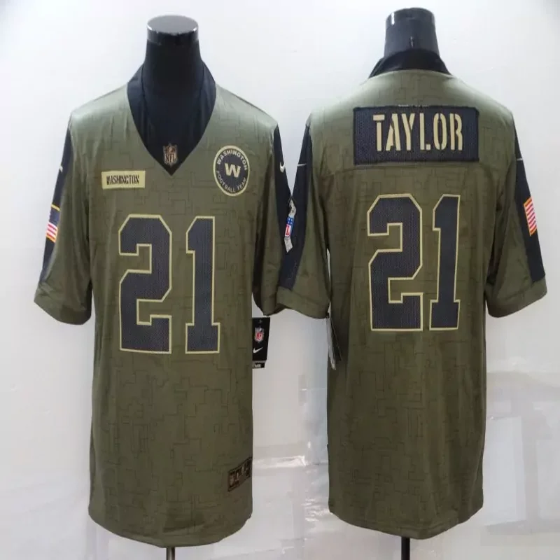 Washington Commanders #21 Taylor NFL Green Camouflage American Flag Jersey