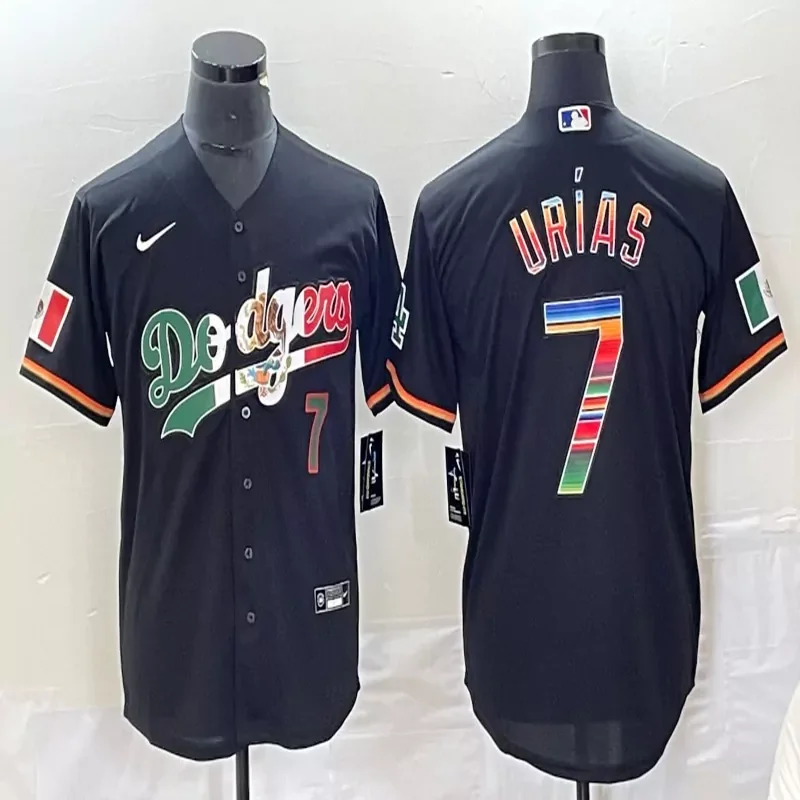 Los Angeles Dodgers #7 Urias MLB Blue Navy Mexico Flag Jersey - Image 2