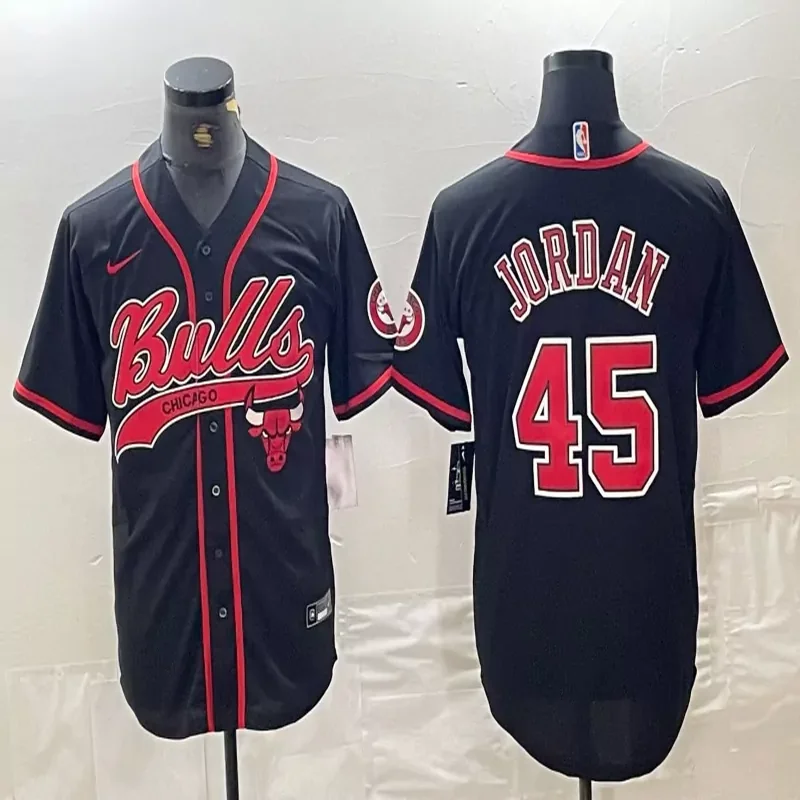 Chicago Bulls #45 Jordan NBA Black Red Baseball Jersey