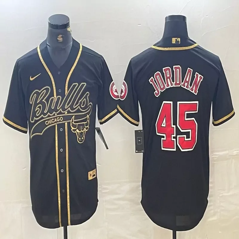 Chicago Bulls #45 Jordan NBA Black Red Baseball Jersey - Image 3