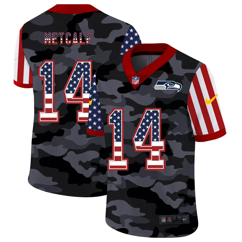 Seattle Seahawks #14 Metcalf NFL Black Camouflage American Flag Jersey