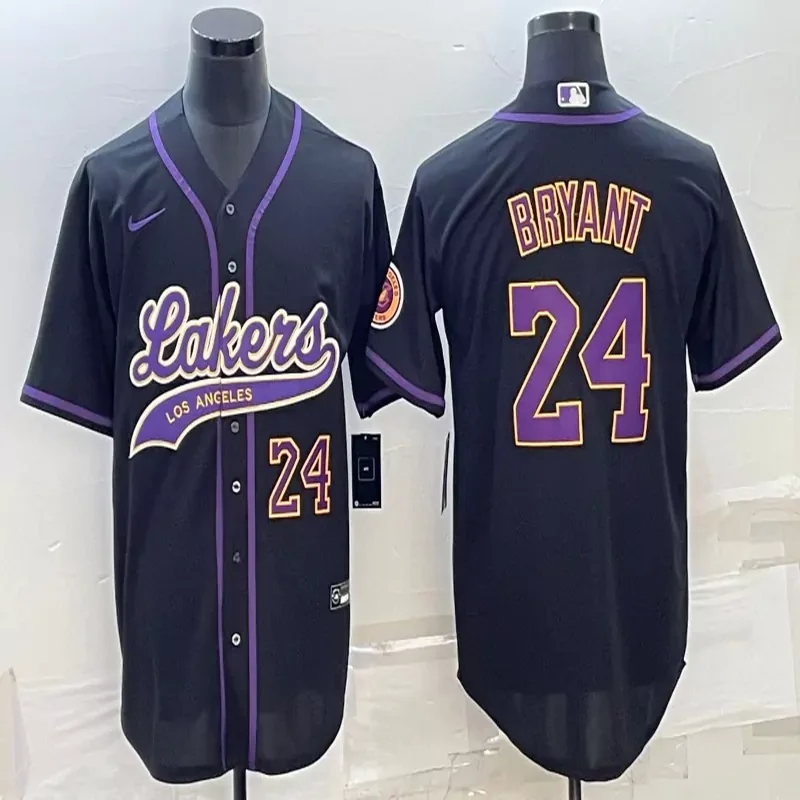 Los Angeles Lakers #24 Bryant NBA Black White Baseball Jersey - Image 4