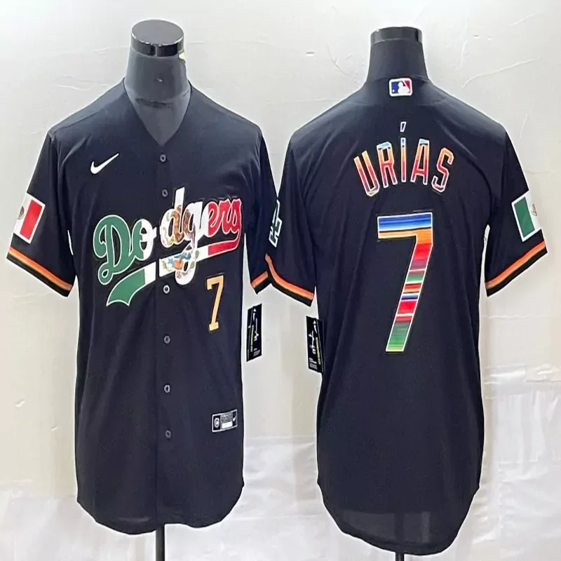 Los Angeles Dodgers #7 Urias MLB Blue Navy Mexico Flag Jersey - Image 3