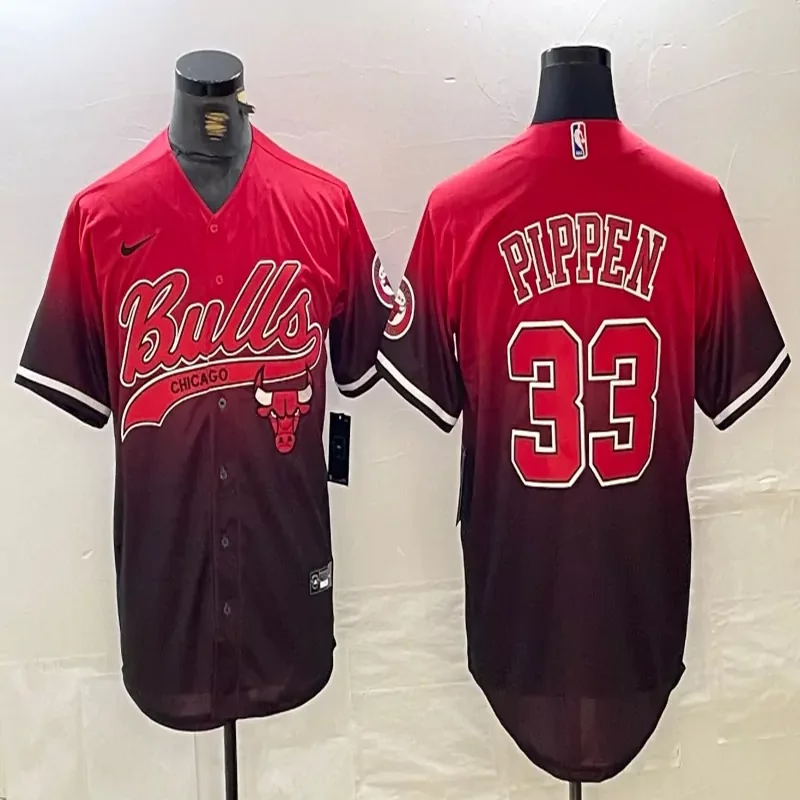 Chicago Bulls #33 Pippen NBA Black Red Baseball Jersey