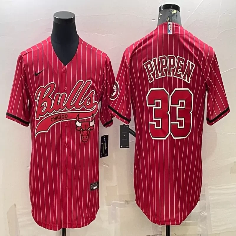 Chicago Bulls #33 Pippen NBA Black Red Baseball Jersey - Image 3