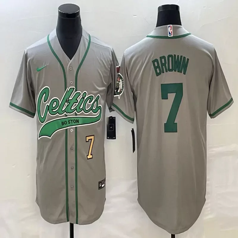 Boston Celtics #7 Brown NBA Ash Gray Baseball Jersey