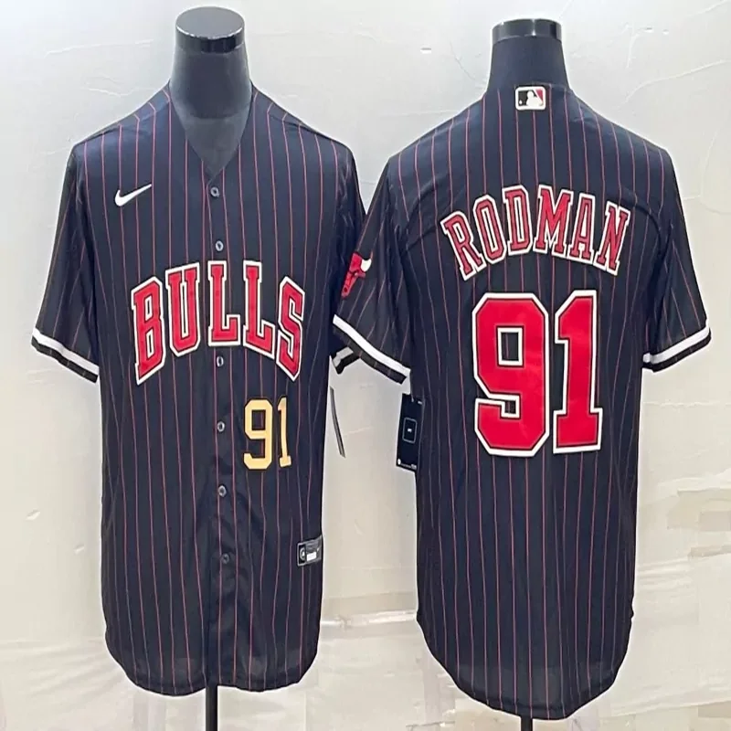 Chicago Bulls #91 Rodman NBA Black Baseball Jersey