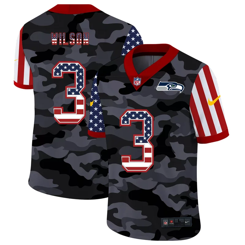 Seattle Seahawks #3 Wilson NFL Black Camouflage American Flag Jersey