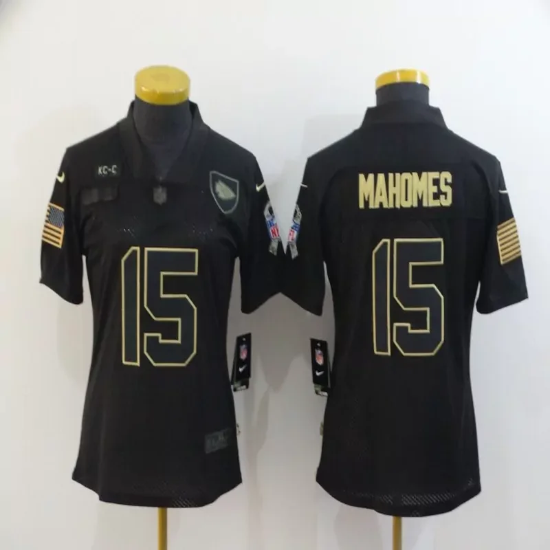 Kansas City Chiefs #15 Mahomes NFL Black Gold American Flag Jersey