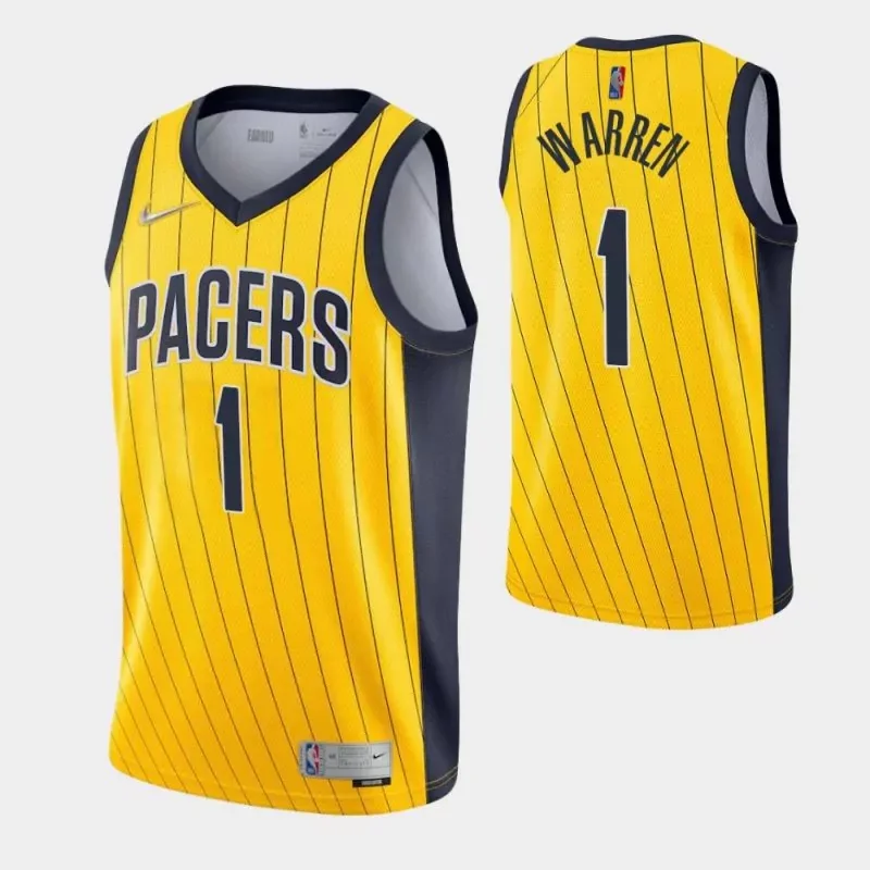 indiana pacers #1 t.j. warren yellow earned 2021 Basketball jersey