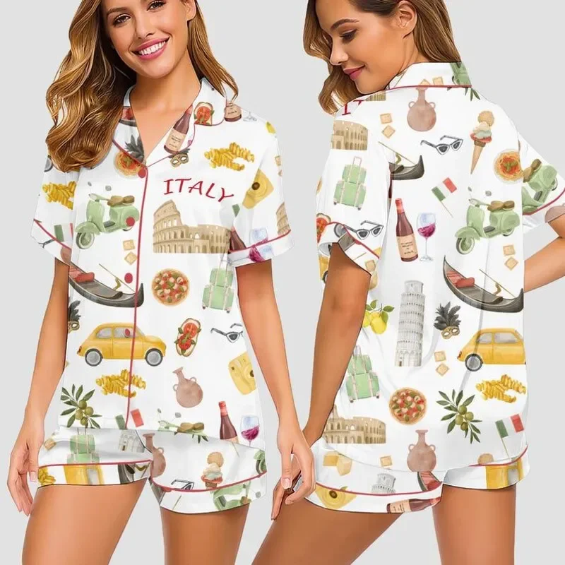 Italy Travel Pajama Set for Women Italian Food Print PJs Cozy Pajamas Lounge Sleepwear Gift