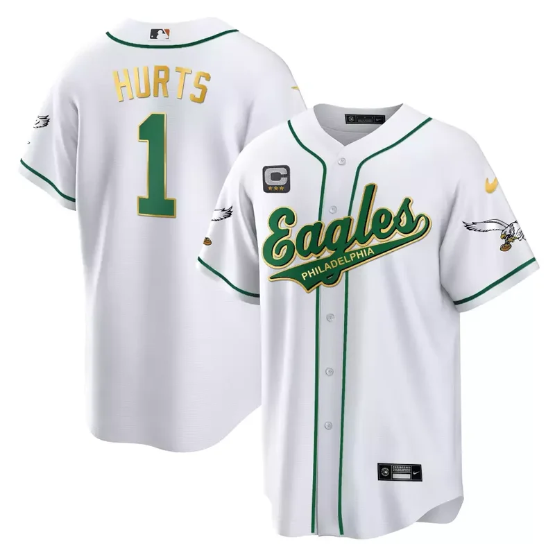 Jalen Hurts Kelly Gold Trim EAGLES KELLY GREEN BASEBALL JERSEY ALL STITCHED - Image 2