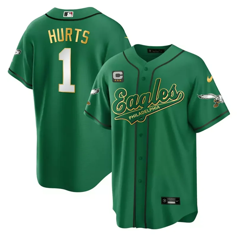 Jalen Hurts Kelly Gold Trim EAGLES KELLY GREEN BASEBALL JERSEY ALL STITCHED