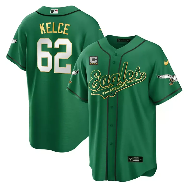 Jason Kelce Kelly Gold Trim EAGLES KELLY GREEN BASEBALL JERSEY ALL STITCHED