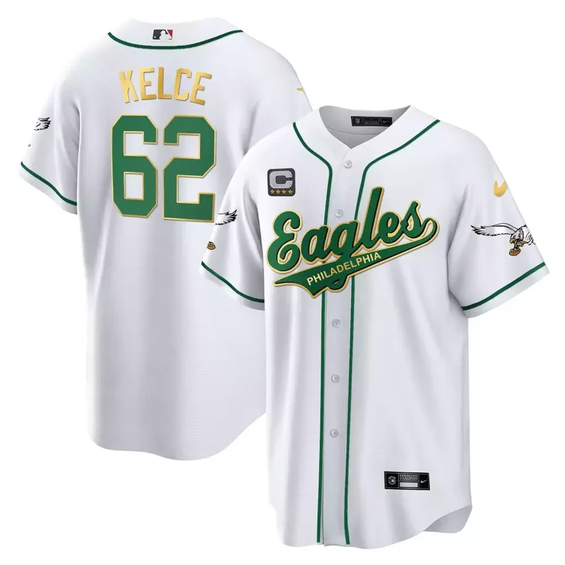 Jason Kelce Kelly Gold Trim EAGLES KELLY GREEN BASEBALL JERSEY ALL STITCHED - Image 3